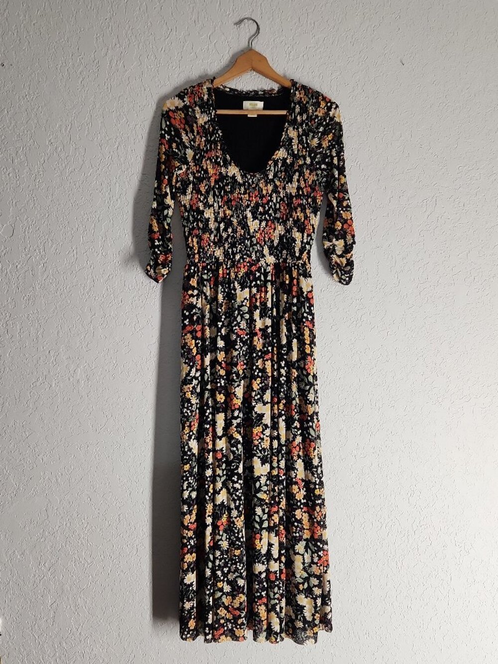 Anthropologie Maeve Omya Smocked bodice Floral Maxi Dress 3/4 sleeves sz S